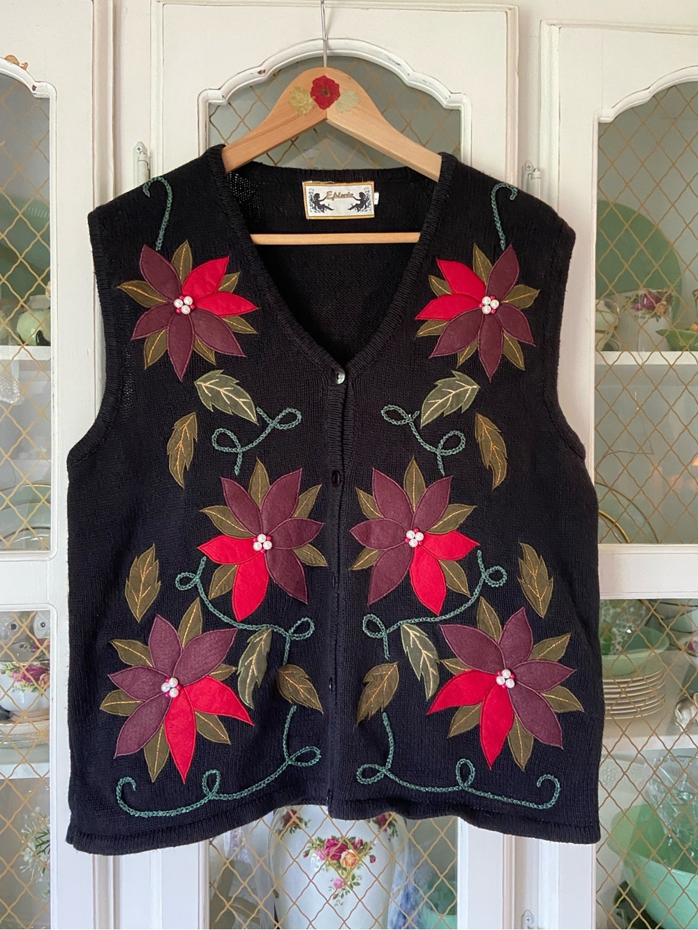 Embroidered Floral Poinsettia Embellished Holiday Sweater Vest Christmas Winter
